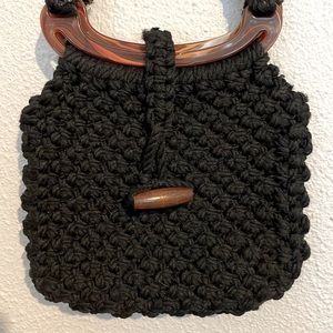 Vintage black macrame shoulder bag purse with Bakelite handle, wooden closure